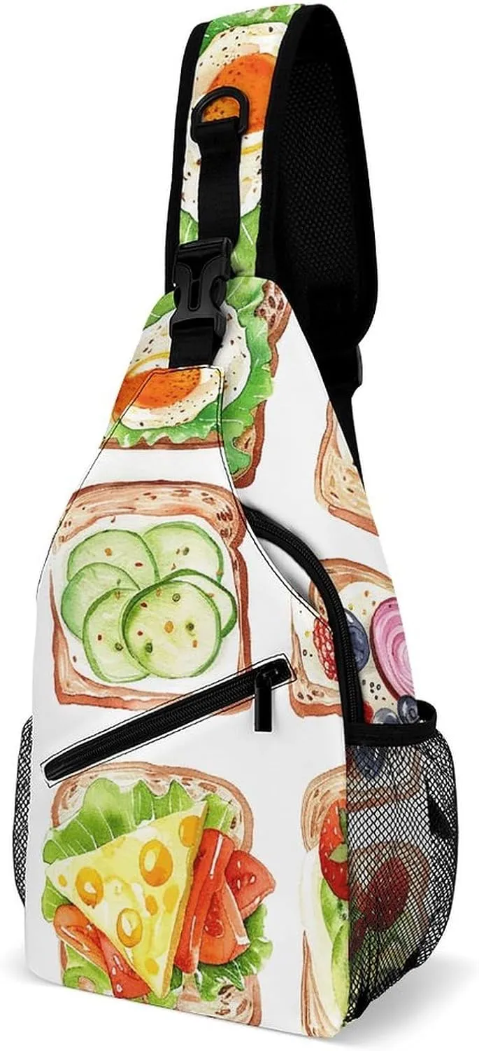 Sling Bag for Women Men Chest Bag Hand Drawn Toast Daypack Fanny Pack Cross Body Bag for Traveling