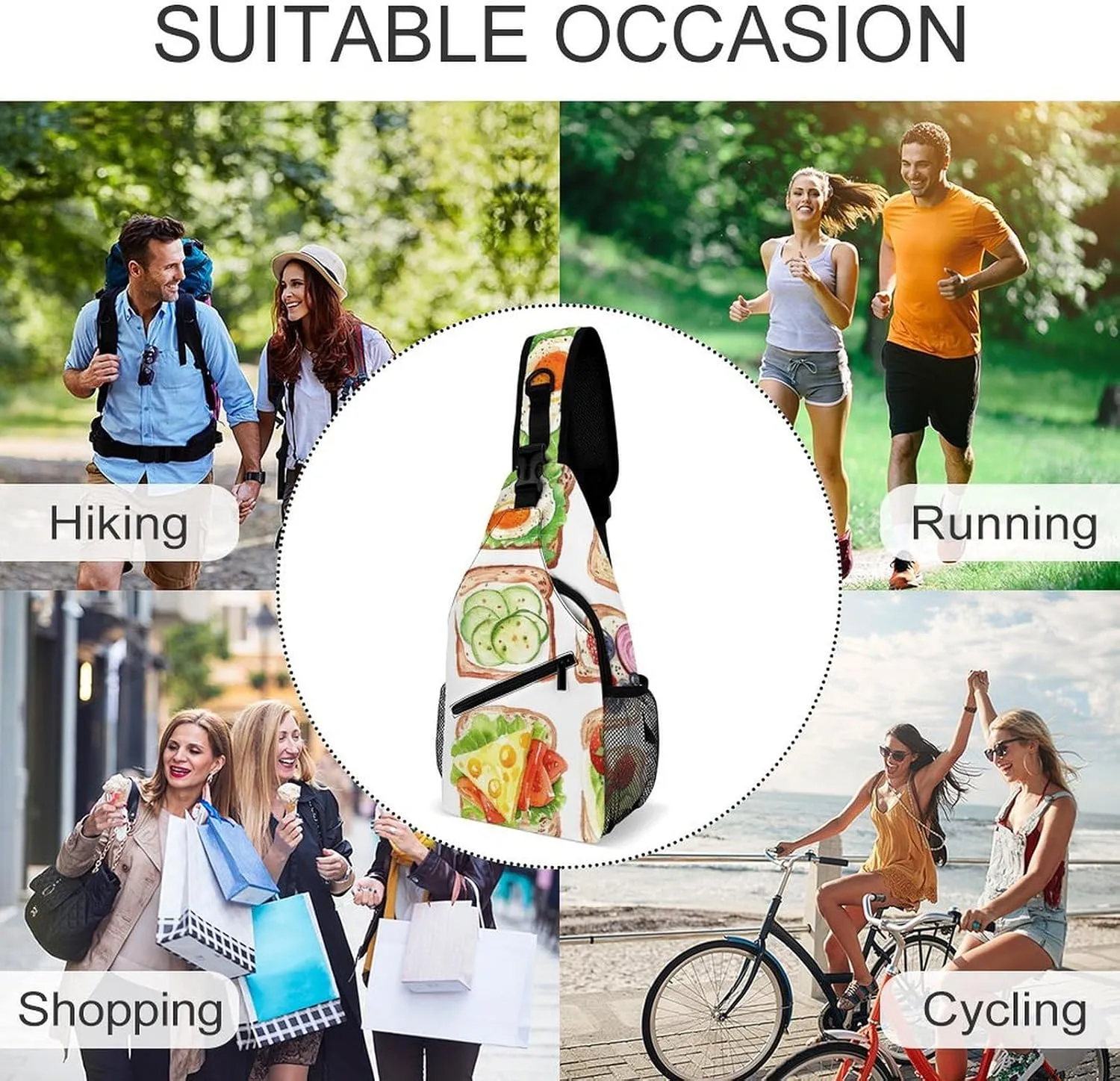 Sling Bag for Women Men Chest Bag Hand Drawn Toast Daypack Fanny Pack Cross Body Bag for Traveling