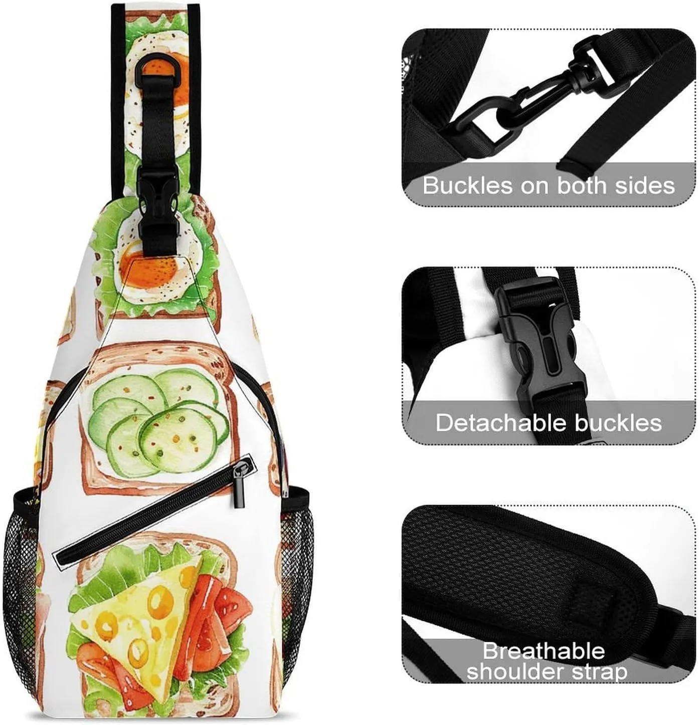Sling Bag for Women Men Chest Bag Hand Drawn Toast Daypack Fanny Pack Cross Body Bag for Traveling