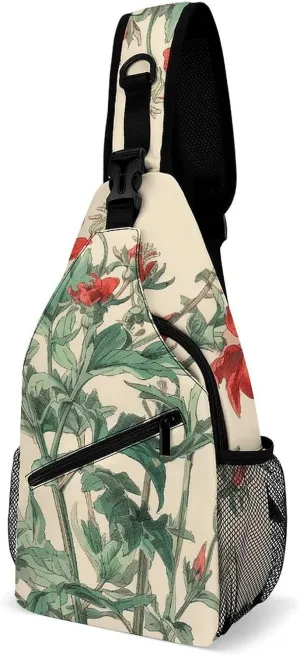 Sling Bag for Women Men Chest Bag Red Flowers on Stem Daypack Fanny Pack Cross Body Bag for Traveling