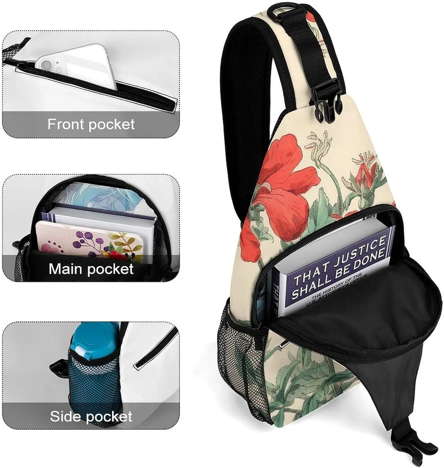 Sling Bag for Women Men Chest Bag Red Flowers on Stem Daypack Fanny Pack Cross Body Bag for Traveling