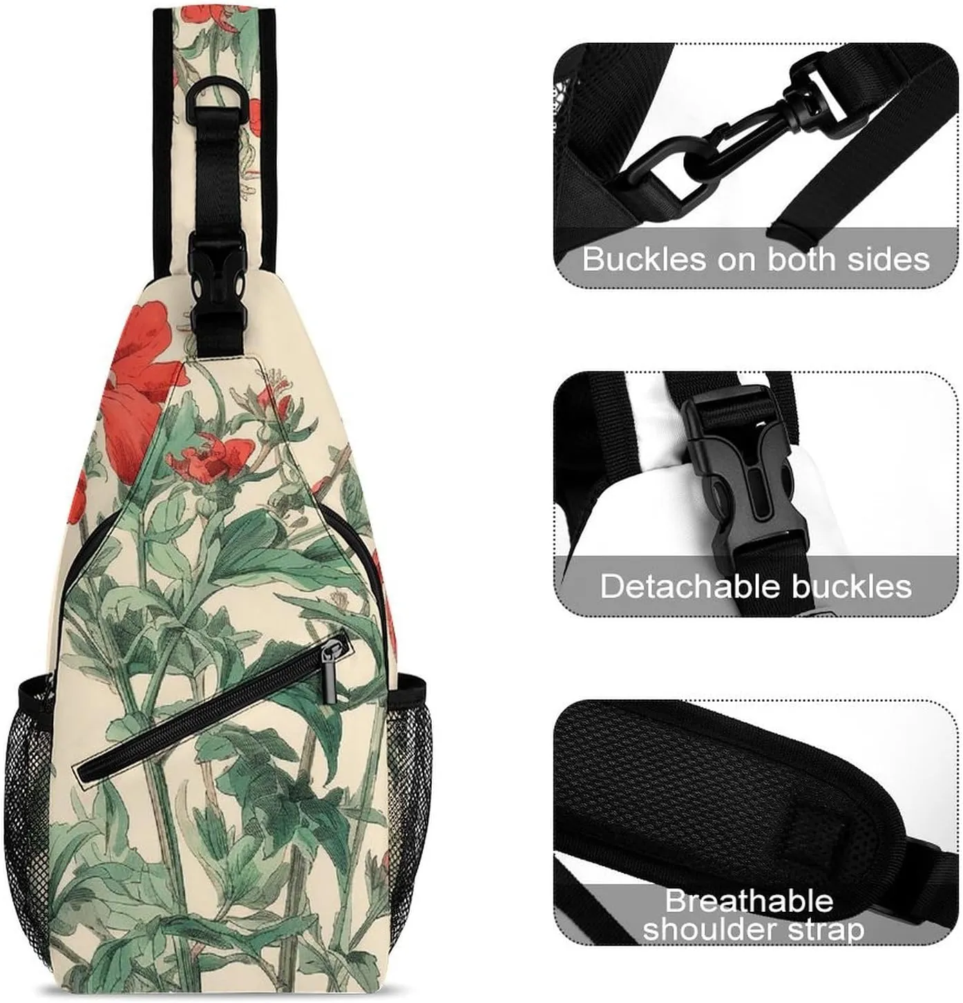 Sling Bag for Women Men Chest Bag Red Flowers on Stem Daypack Fanny Pack Cross Body Bag for Traveling