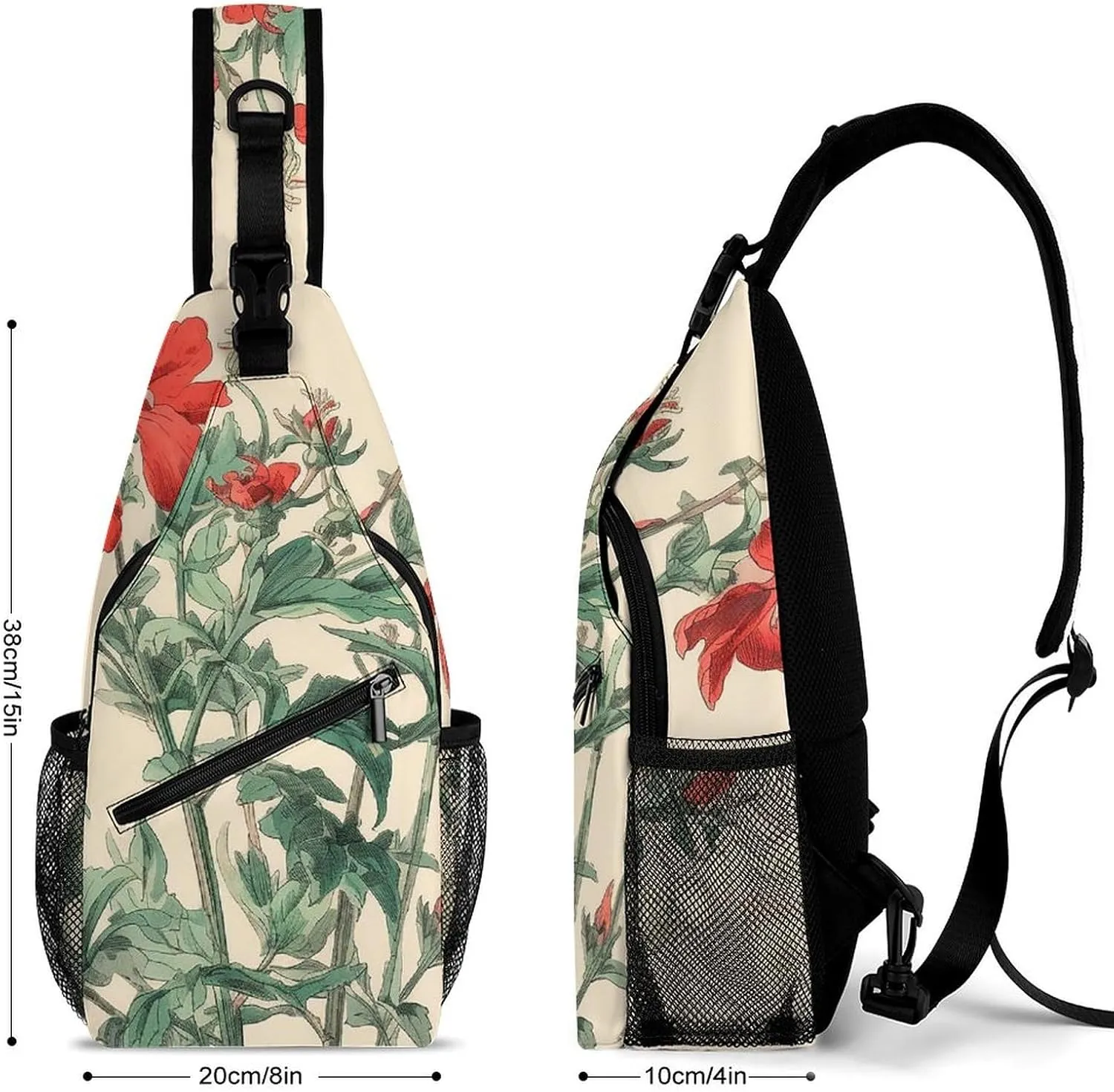 Sling Bag for Women Men Chest Bag Red Flowers on Stem Daypack Fanny Pack Cross Body Bag for Traveling
