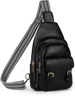 Sling Bag Small Fanny Pack Leather Crossbody Bags for Women Men Chest Bag Cross Body Backpack dailypack for Travel Hiking Cycling, Black