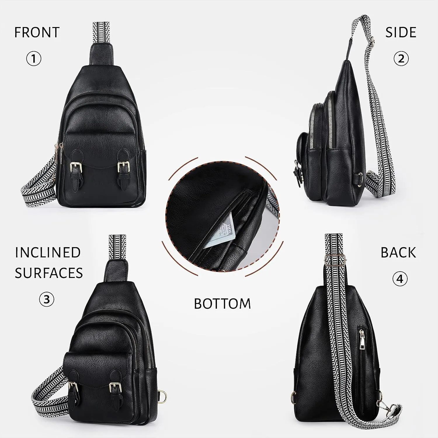 Sling Bag Small Fanny Pack Leather Crossbody Bags for Women Men Chest Bag Cross Body Backpack dailypack for Travel Hiking Cycling, Black