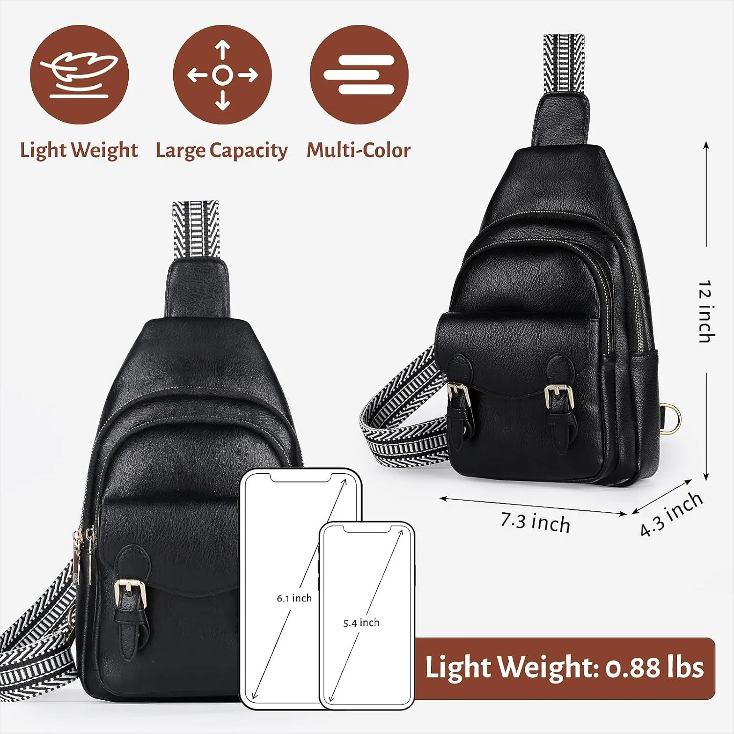 Sling Bag Small Fanny Pack Leather Crossbody Bags for Women Men Chest Bag Cross Body Backpack dailypack for Travel Hiking Cycling, Black