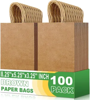 Small Brown Paper Bags with Handle Kraft Gift Bags 100 Pack, 5.25x3.25x8.25 Inch Small Gift Bag for Wedding, Christmas, Birthday Party Favors, Grocery, Craft, Retail Shopping, Goody, and Business