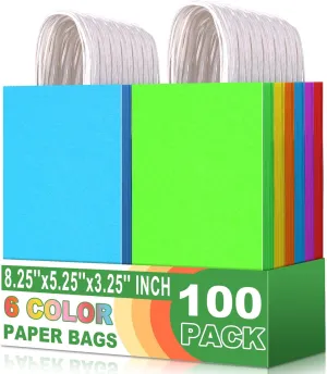 Small Colorful Paper Bags with Handle Kraft Gift Bags 100 Pack, 5.25x3.25x8.25 Inch Gift Bag for Wedding, Christmas, Birthday Party Favors, Grocery, Craft, Retail Shopping, Goody, and Business