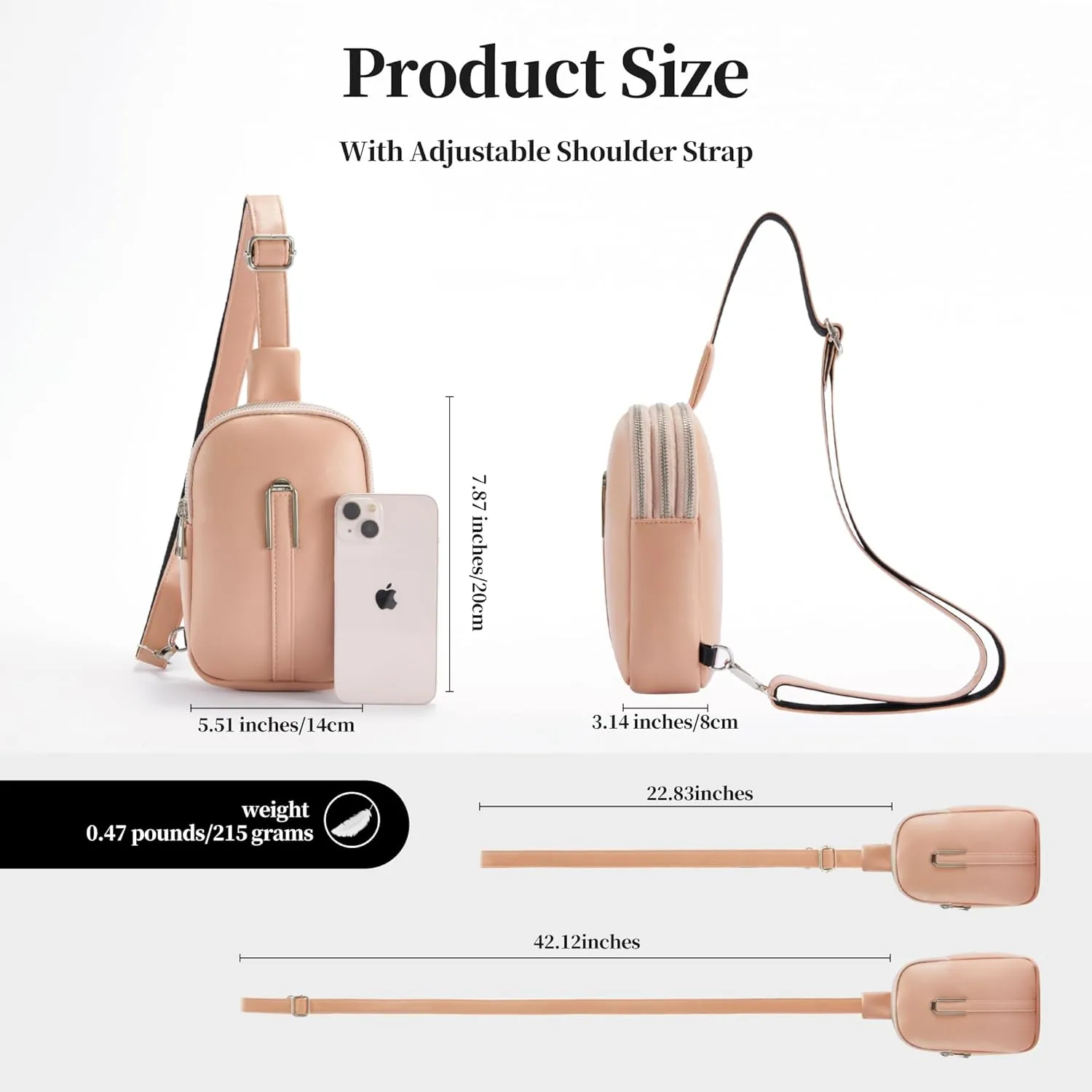 Small Crossbody Bag, Pink, PU Leather, 5.51" x 3.14" x 7.87", 3 Pockets, Zipper Closure, Adjustable Strap, Unisex, Fashion, Versatile, Lightweight, Practical