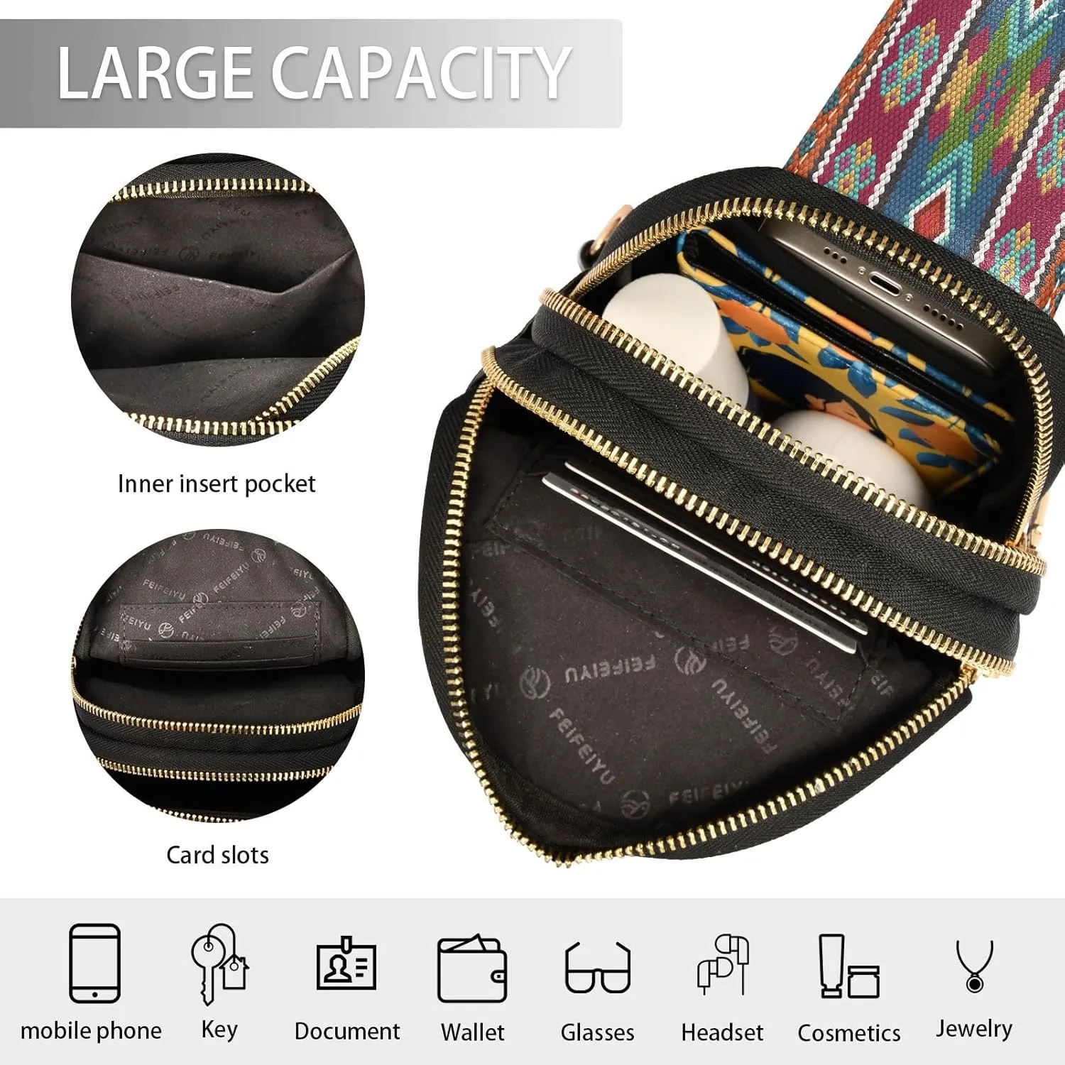 Small Sling Bag for Women Crossbody Embroidery Colorful Theme Fashion Leather Crossbody Bag for Women Trendy Crossbody Purse Fanny Pack with Adjustable Guitar Strap Outfit