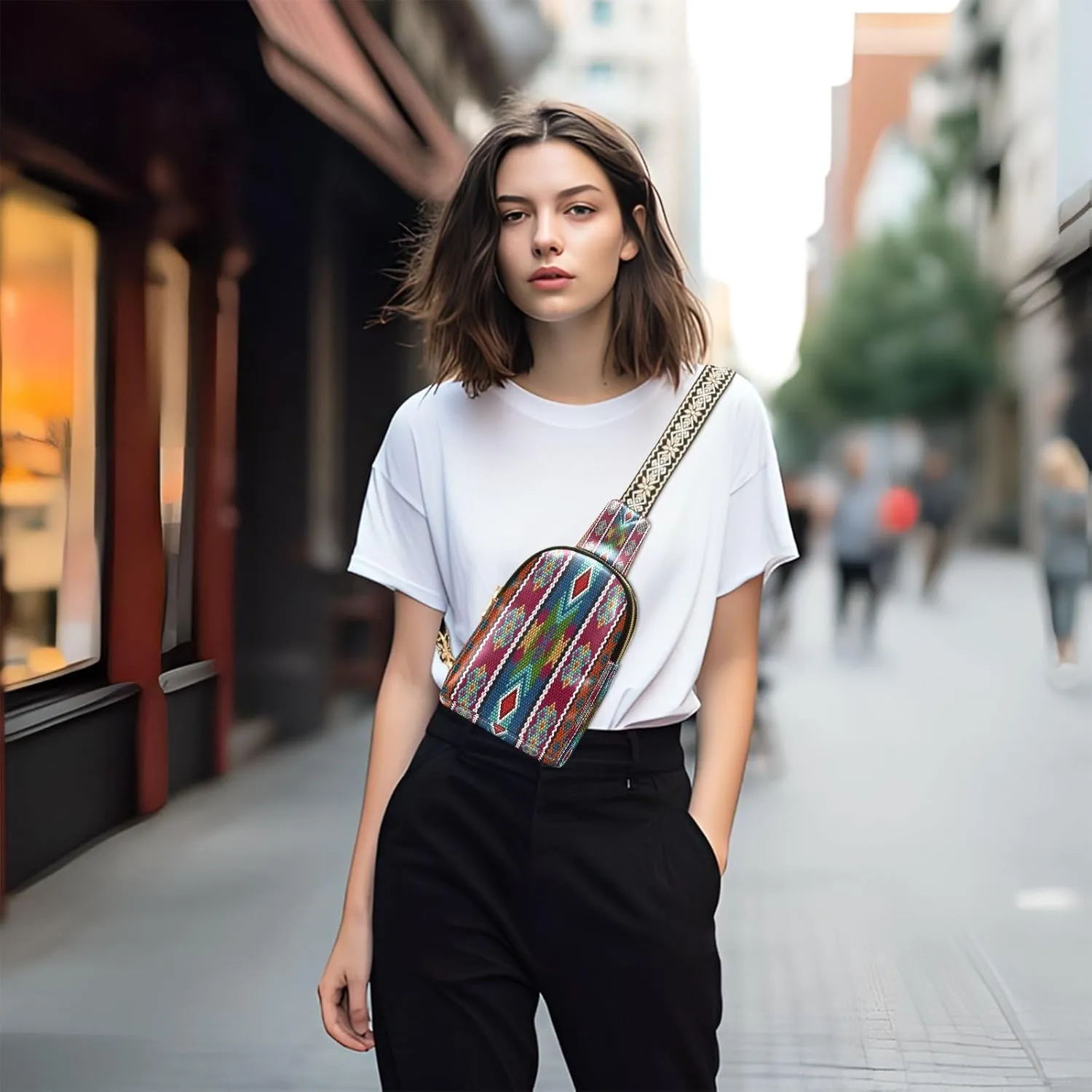 Small Sling Bag for Women Crossbody Embroidery Colorful Theme Fashion Leather Crossbody Bag for Women Trendy Crossbody Purse Fanny Pack with Adjustable Guitar Strap Outfit
