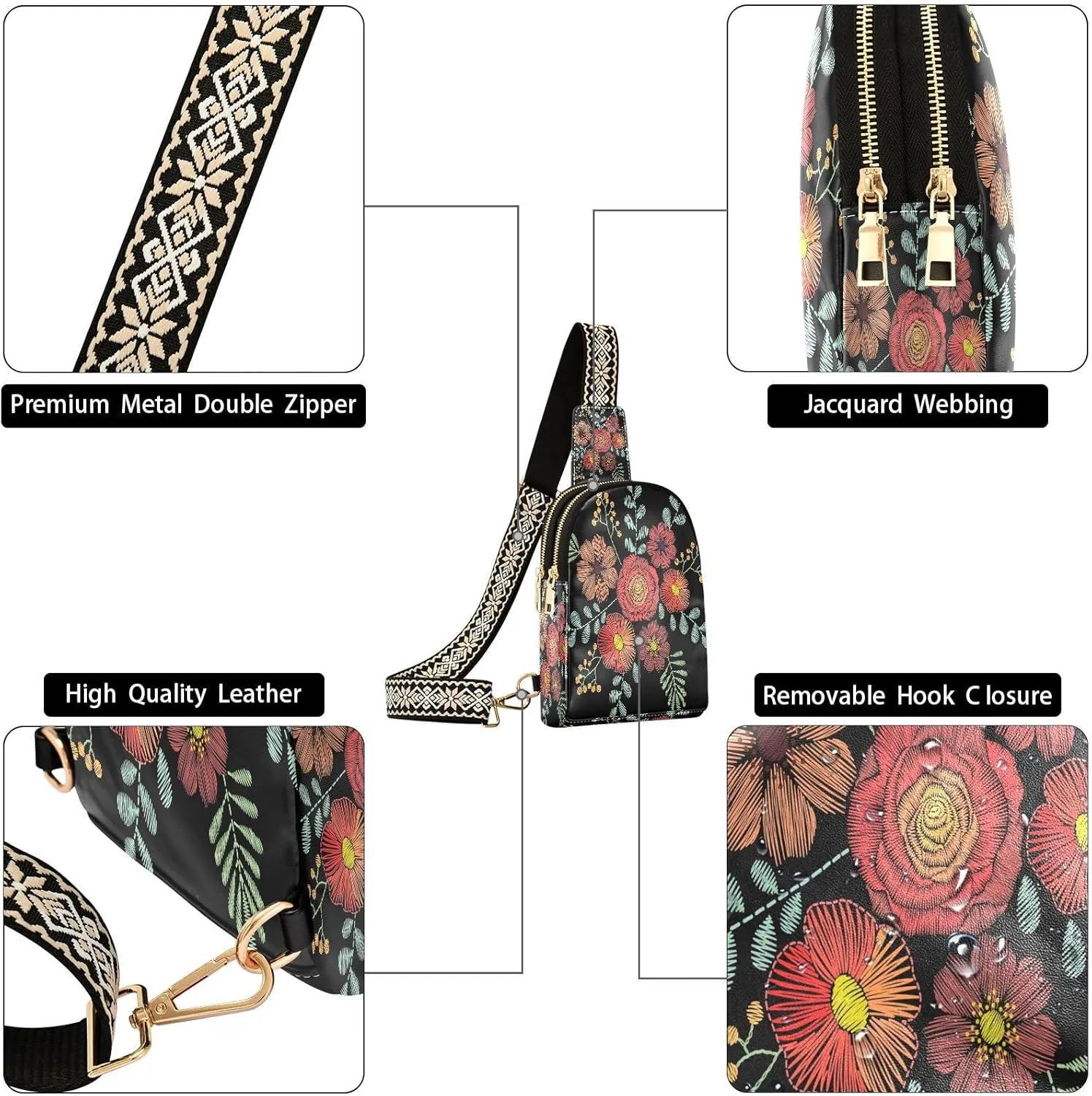Small Sling Bag for Women Crossbody Embroidery Wild Flower Fashion Leather Crossbody Bag for Women Trendy Crossbody Purse Fanny Pack with Adjustable Guitar Strap Outfit