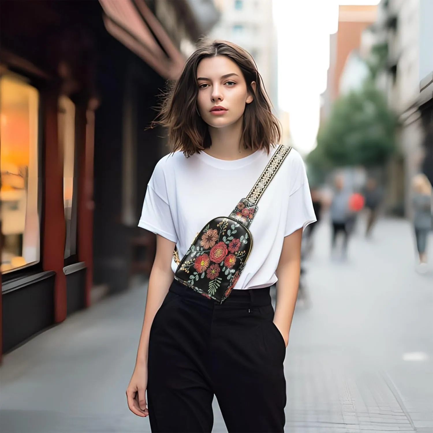 Small Sling Bag for Women Crossbody Embroidery Wild Flower Fashion Leather Crossbody Bag for Women Trendy Crossbody Purse Fanny Pack with Adjustable Guitar Strap Outfit