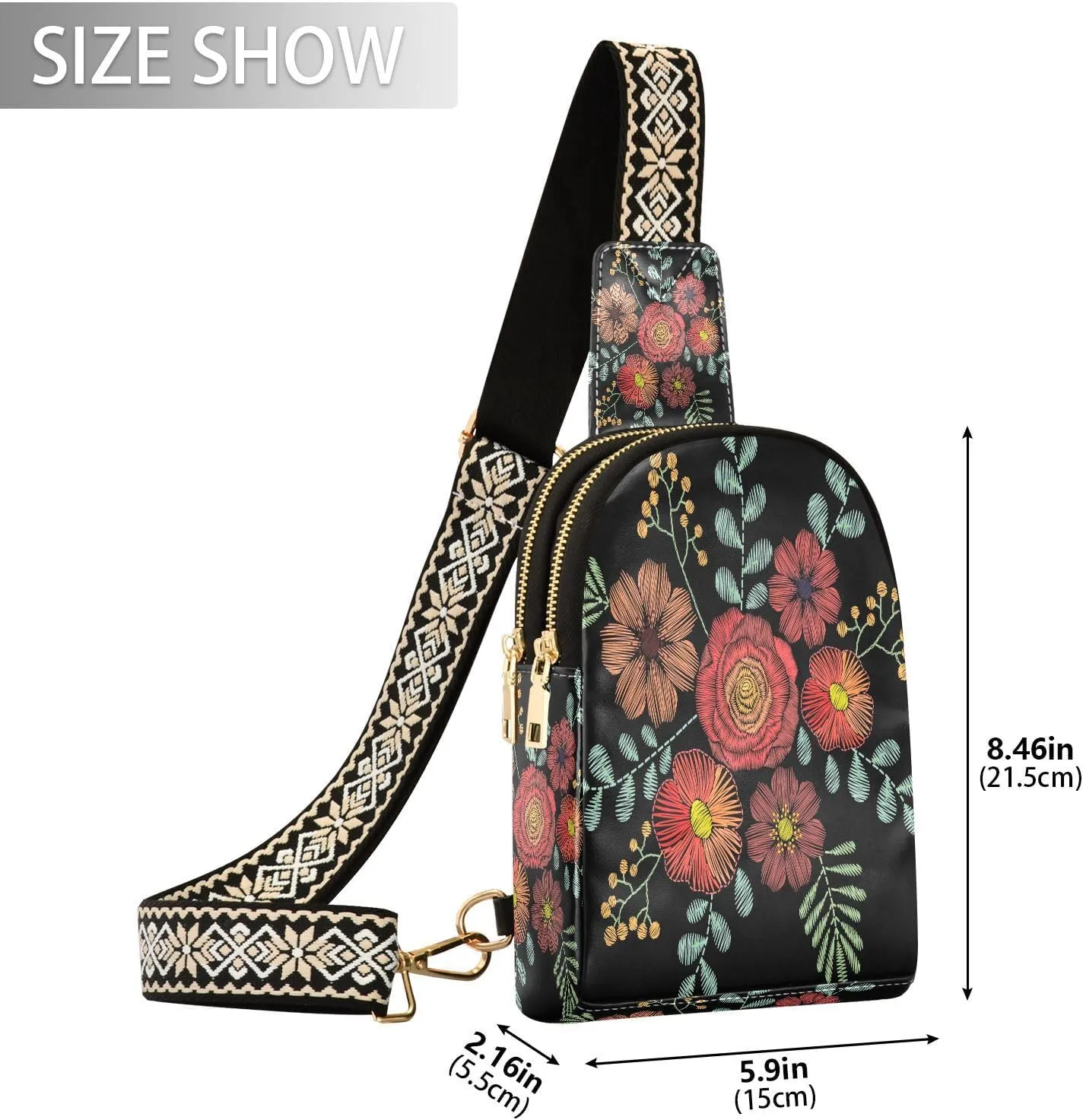 Small Sling Bag for Women Crossbody Embroidery Wild Flower Fashion Leather Crossbody Bag for Women Trendy Crossbody Purse Fanny Pack with Adjustable Guitar Strap Outfit