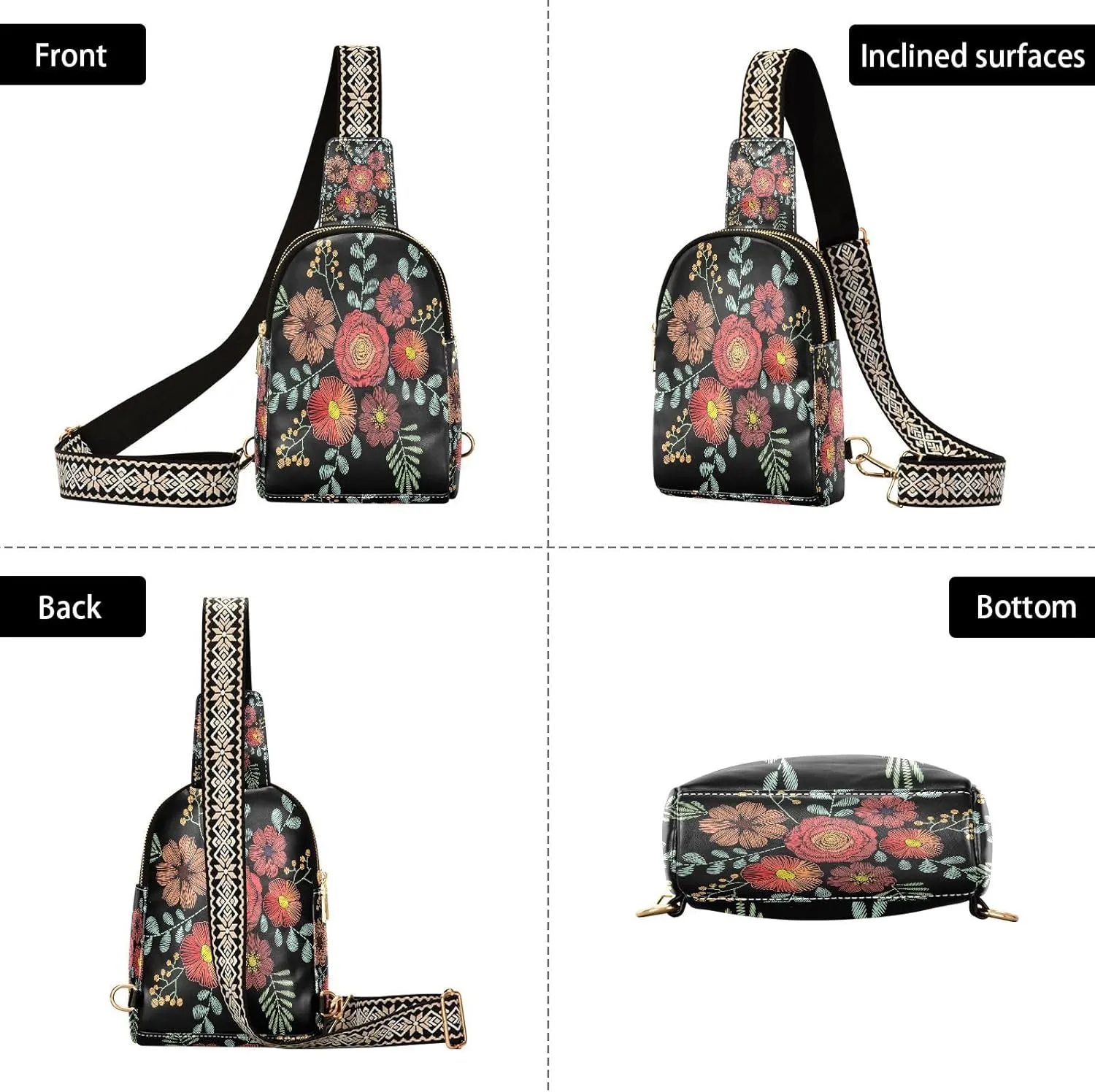 Small Sling Bag for Women Crossbody Embroidery Wild Flower Fashion Leather Crossbody Bag for Women Trendy Crossbody Purse Fanny Pack with Adjustable Guitar Strap Outfit