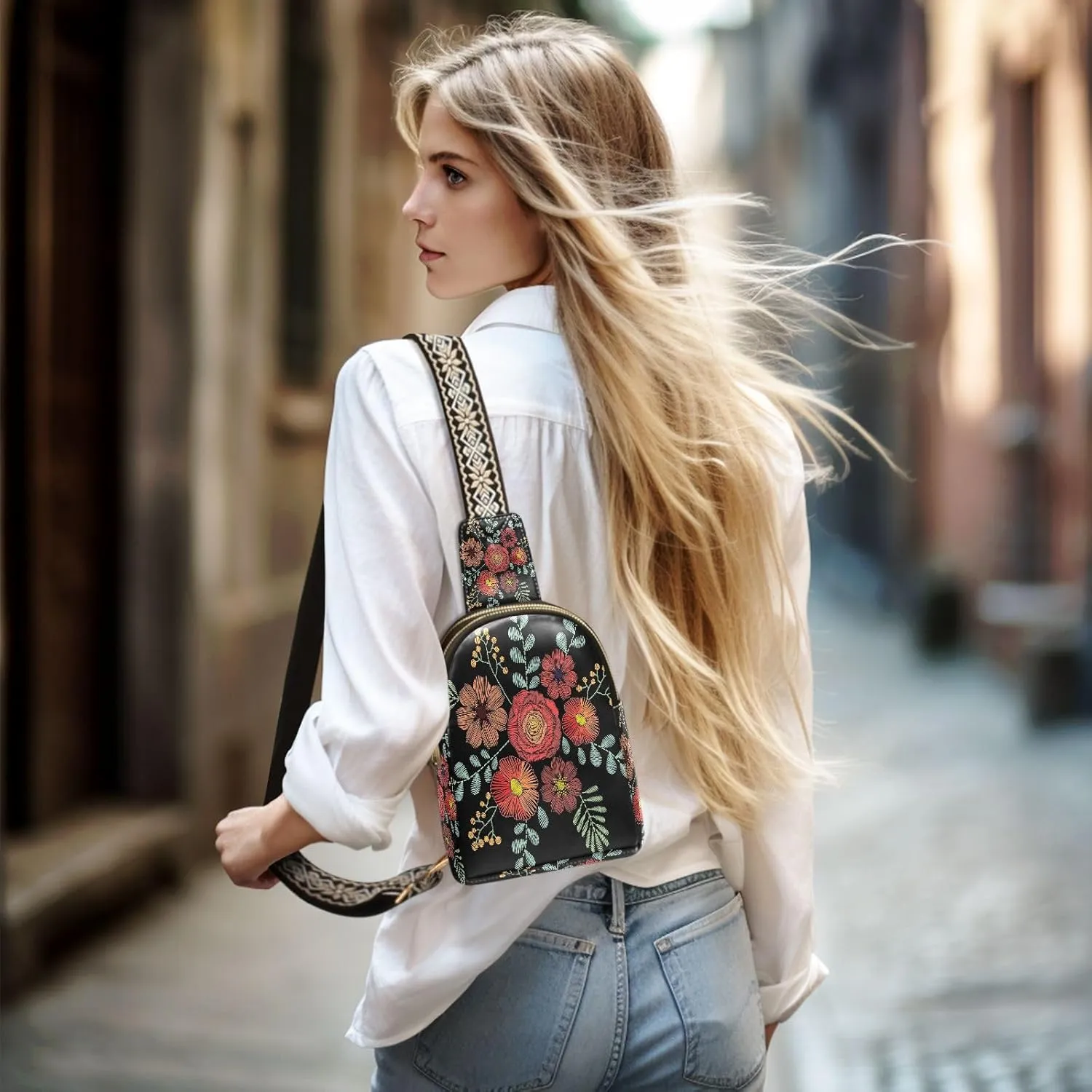 Small Sling Bag for Women Crossbody Embroidery Wild Flower Fashion Leather Crossbody Bag for Women Trendy Crossbody Purse Fanny Pack with Adjustable Guitar Strap Outfit