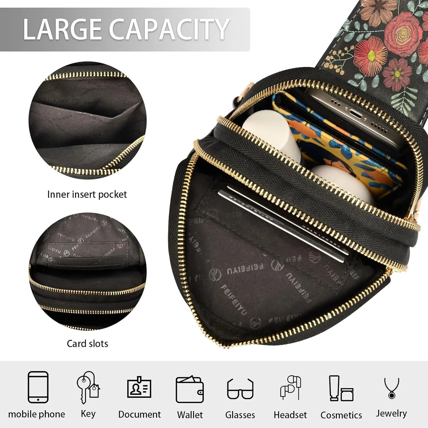 Small Sling Bag for Women Crossbody Embroidery Wild Flower Fashion Leather Crossbody Bag for Women Trendy Crossbody Purse Fanny Pack with Adjustable Guitar Strap Outfit