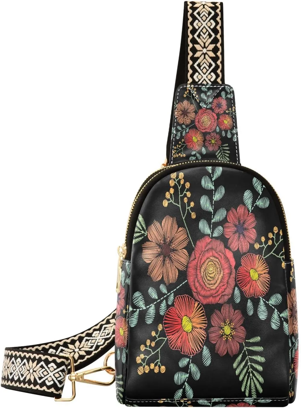 Small Sling Bag for Women Crossbody Embroidery Wild Flower Fashion Leather Crossbody Bag for Women Trendy Crossbody Purse Fanny Pack with Adjustable Guitar Strap Outfit