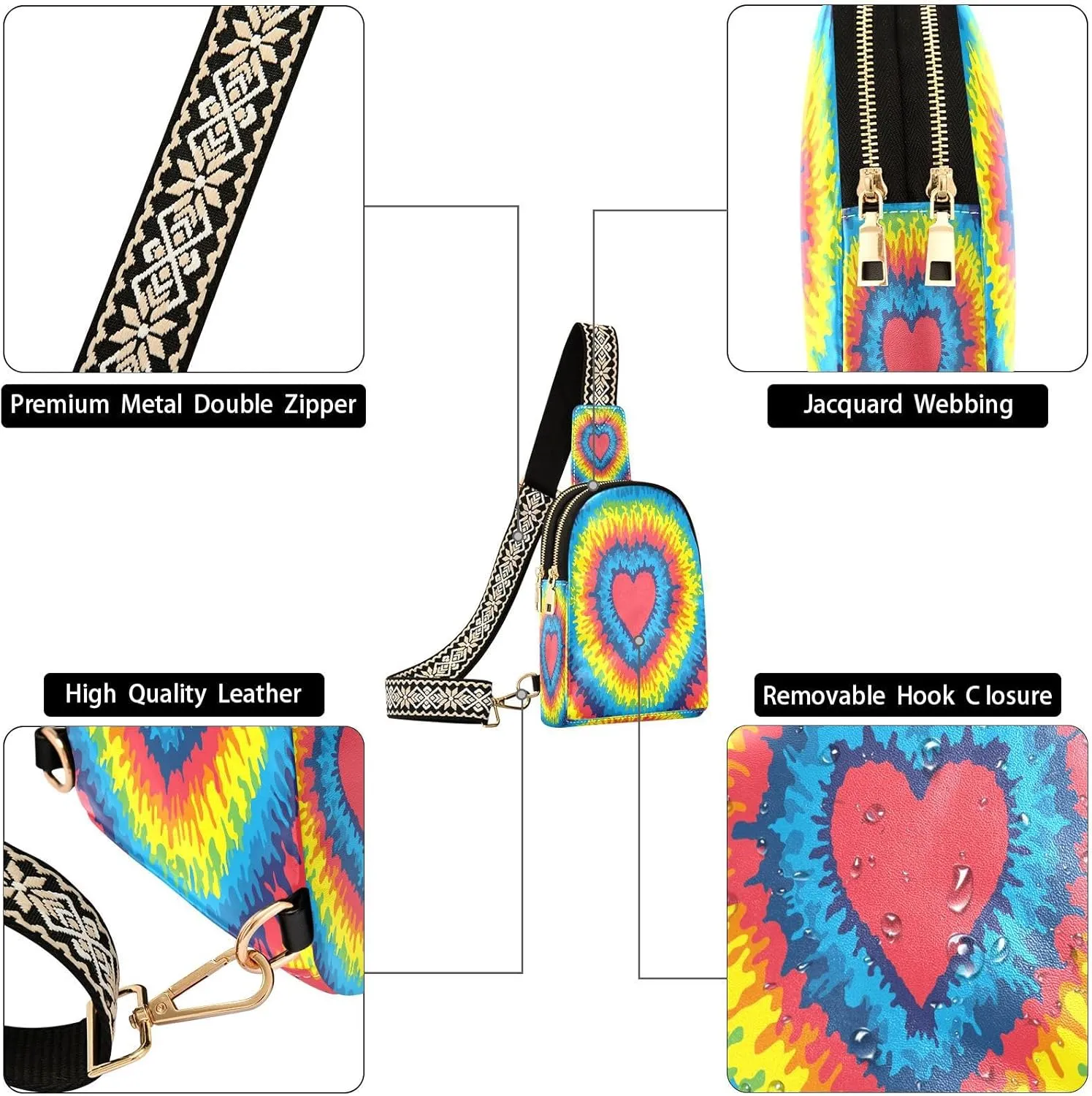 Small Sling Bag for Women Crossbody Heart Love Fashion Leather Crossbody Bag for Women Rainbow Tie Dye Trendy Crossbody Purse Fanny Pack with Adjustable Guitar Strap Outfit