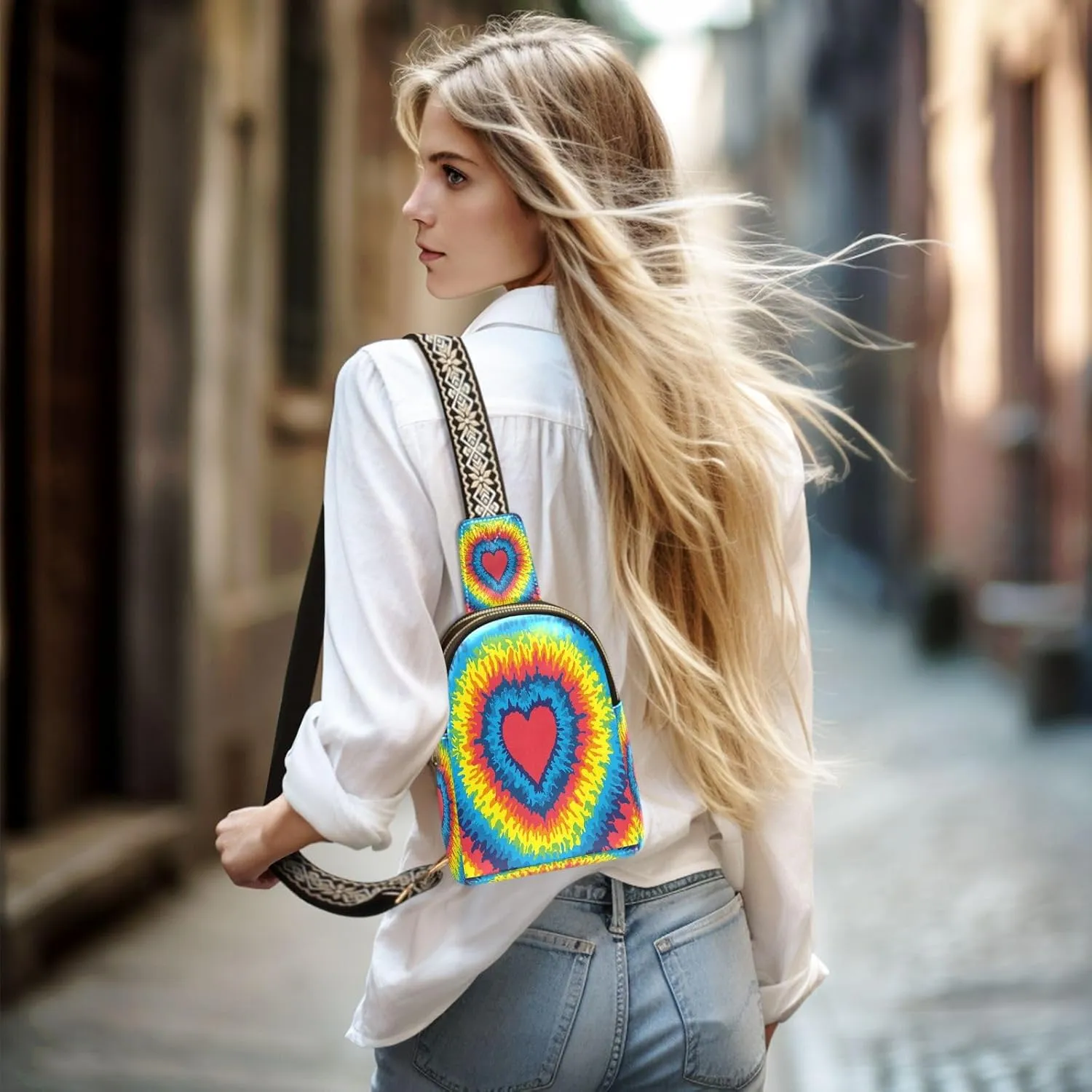 Small Sling Bag for Women Crossbody Heart Love Fashion Leather Crossbody Bag for Women Rainbow Tie Dye Trendy Crossbody Purse Fanny Pack with Adjustable Guitar Strap Outfit