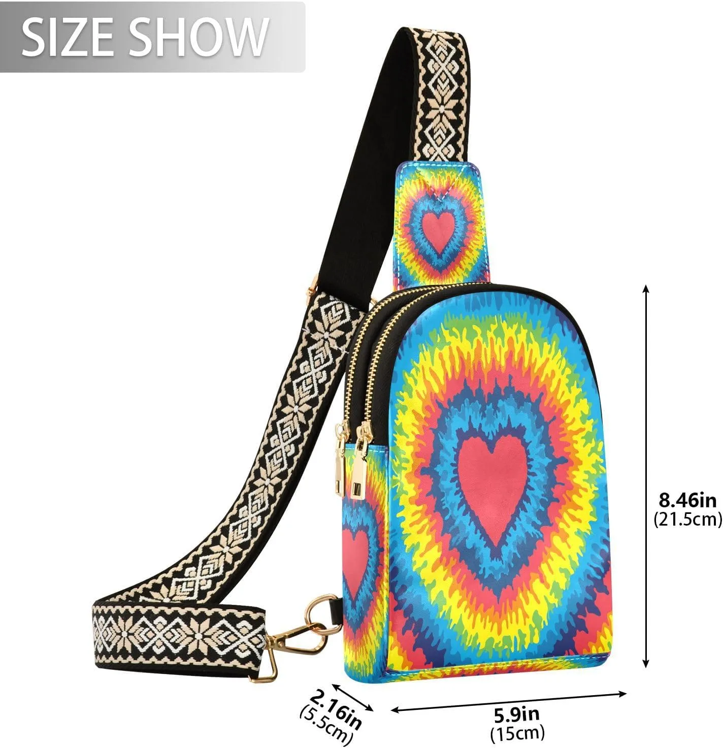 Small Sling Bag for Women Crossbody Heart Love Fashion Leather Crossbody Bag for Women Rainbow Tie Dye Trendy Crossbody Purse Fanny Pack with Adjustable Guitar Strap Outfit