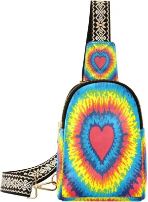 Small Sling Bag for Women Crossbody Heart Love Fashion Leather Crossbody Bag for Women Rainbow Tie Dye Trendy Crossbody Purse Fanny Pack with Adjustable Guitar Strap Outfit