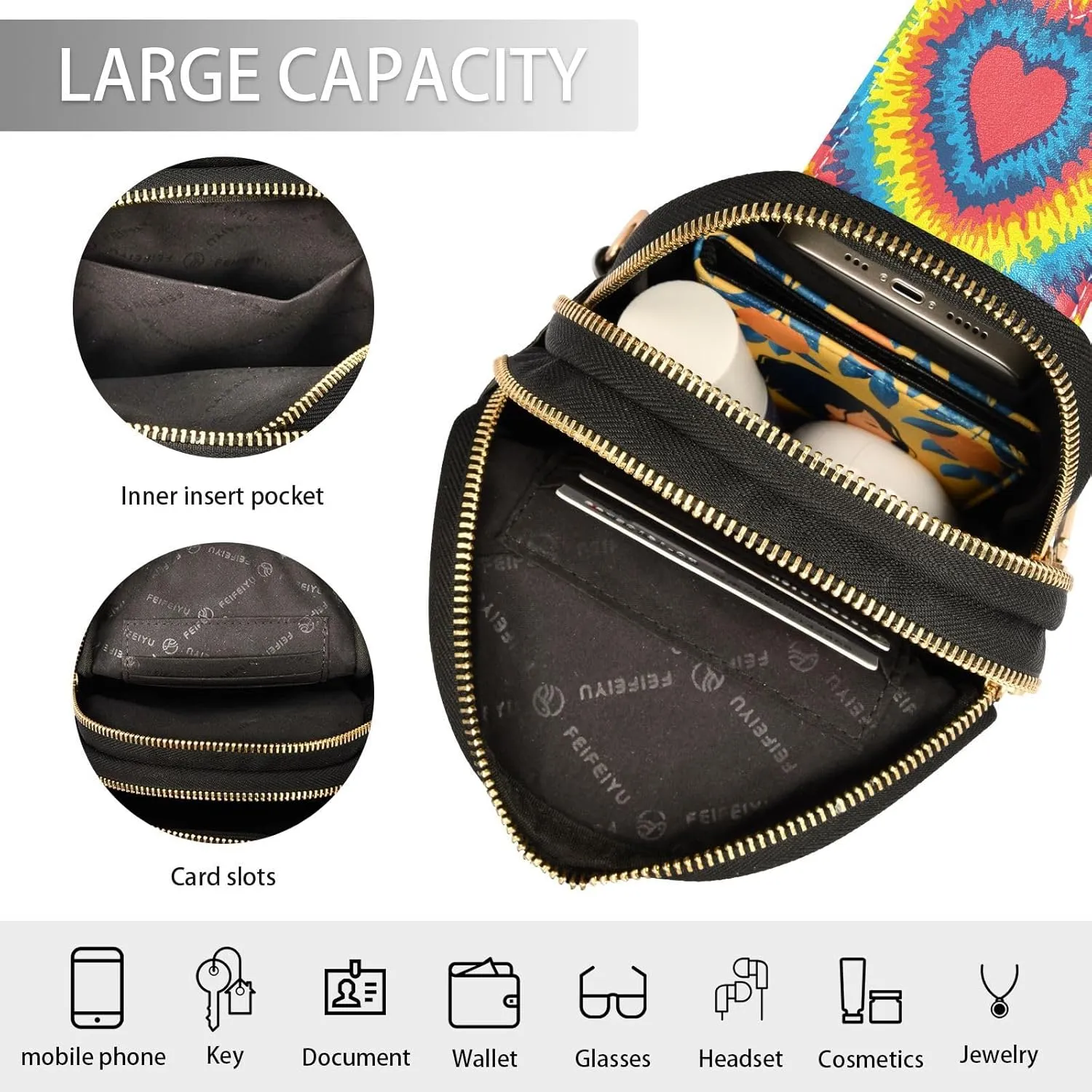 Small Sling Bag for Women Crossbody Heart Love Fashion Leather Crossbody Bag for Women Rainbow Tie Dye Trendy Crossbody Purse Fanny Pack with Adjustable Guitar Strap Outfit