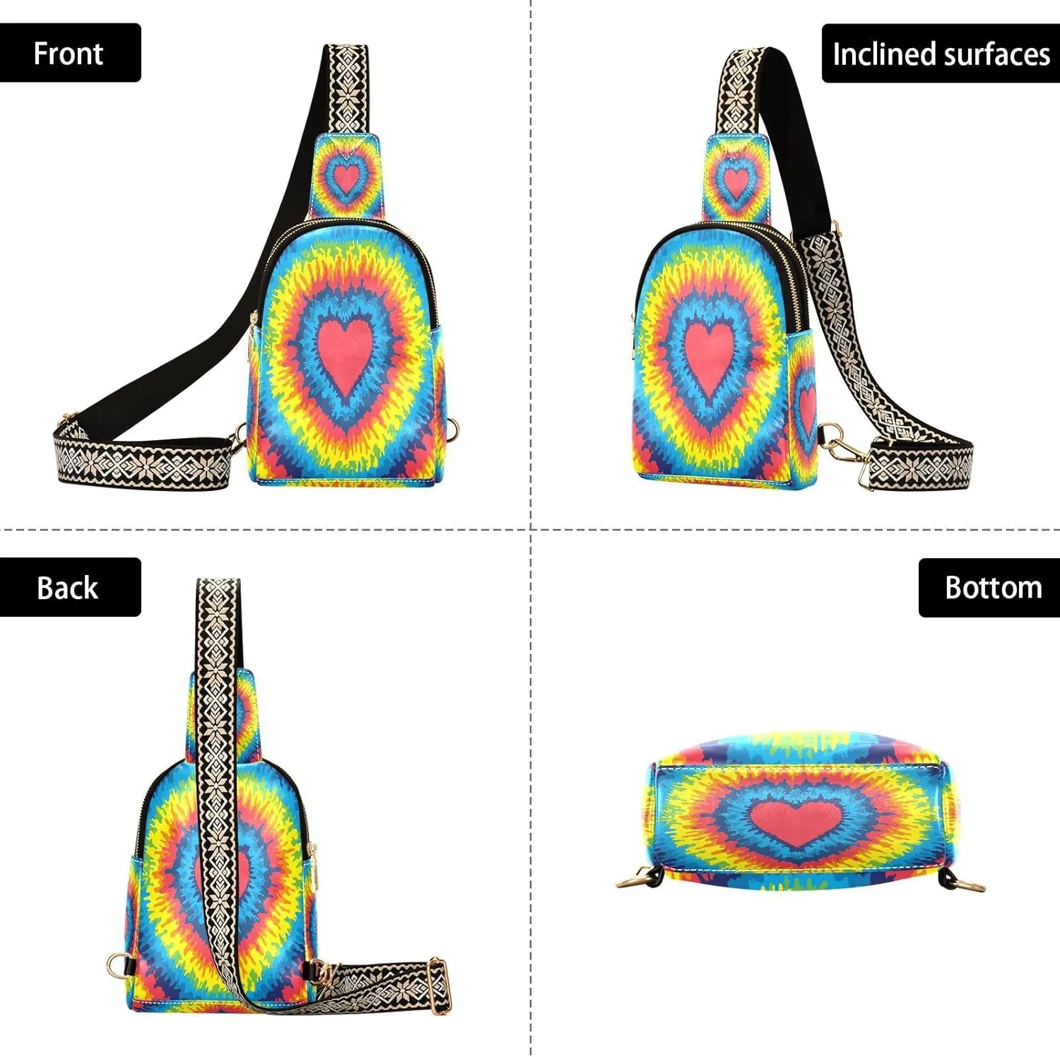 Small Sling Bag for Women Crossbody Heart Love Fashion Leather Crossbody Bag for Women Rainbow Tie Dye Trendy Crossbody Purse Fanny Pack with Adjustable Guitar Strap Outfit
