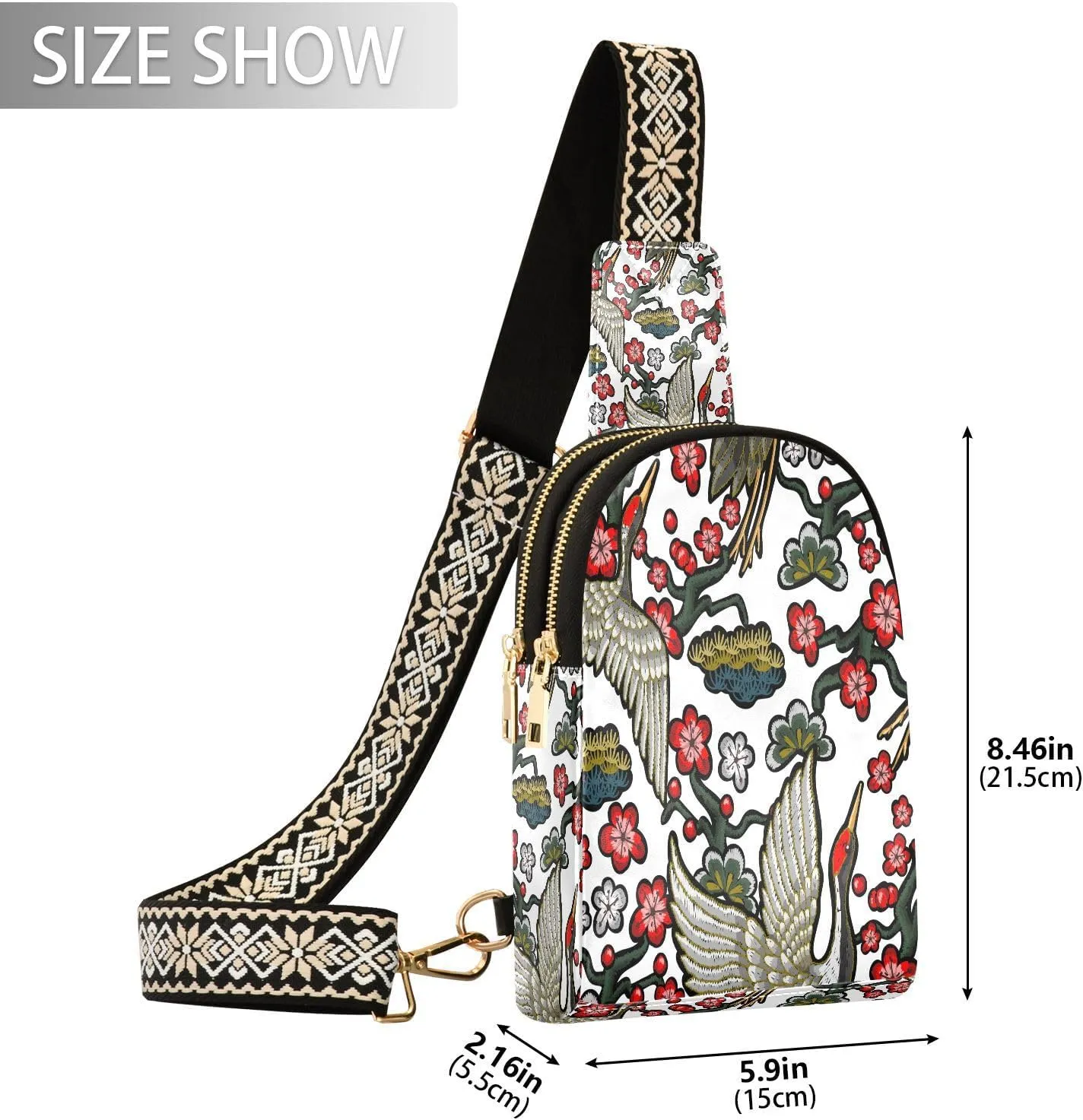 Small Sling Bag for Women Crossbody Japanese Cranes Red Flowers Fashion Leather Crossbody Bag for Women Embroidery Trendy Crossbody Purse Fanny Pack with Adjustable Guitar Strap Outfit