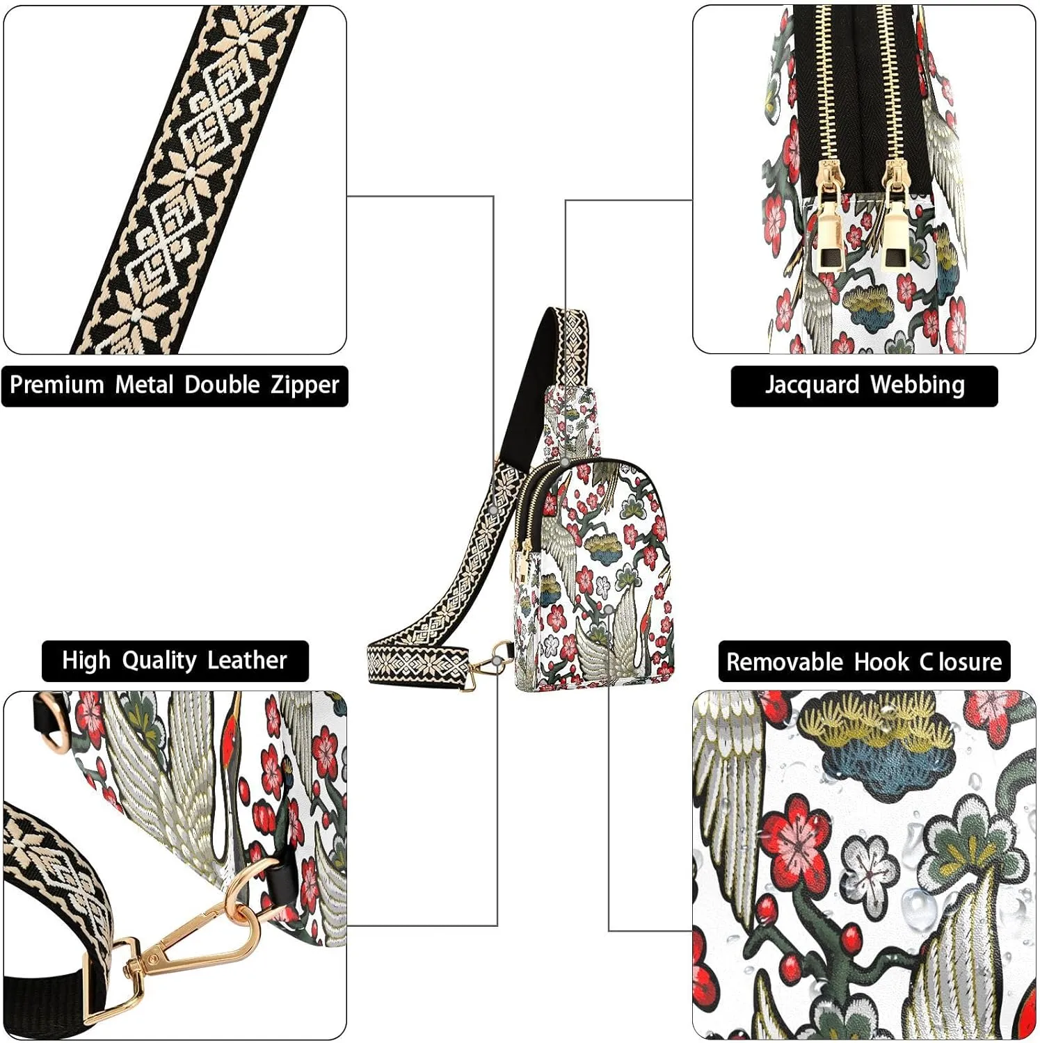 Small Sling Bag for Women Crossbody Japanese Cranes Red Flowers Fashion Leather Crossbody Bag for Women Embroidery Trendy Crossbody Purse Fanny Pack with Adjustable Guitar Strap Outfit