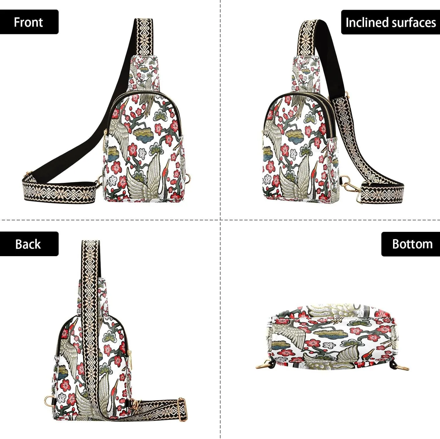 Small Sling Bag for Women Crossbody Japanese Cranes Red Flowers Fashion Leather Crossbody Bag for Women Embroidery Trendy Crossbody Purse Fanny Pack with Adjustable Guitar Strap Outfit