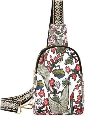 Small Sling Bag for Women Crossbody Japanese Cranes Red Flowers Fashion Leather Crossbody Bag for Women Embroidery Trendy Crossbody Purse Fanny Pack with Adjustable Guitar Strap Outfit