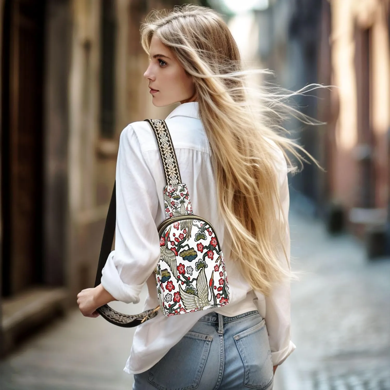 Small Sling Bag for Women Crossbody Japanese Cranes Red Flowers Fashion Leather Crossbody Bag for Women Embroidery Trendy Crossbody Purse Fanny Pack with Adjustable Guitar Strap Outfit