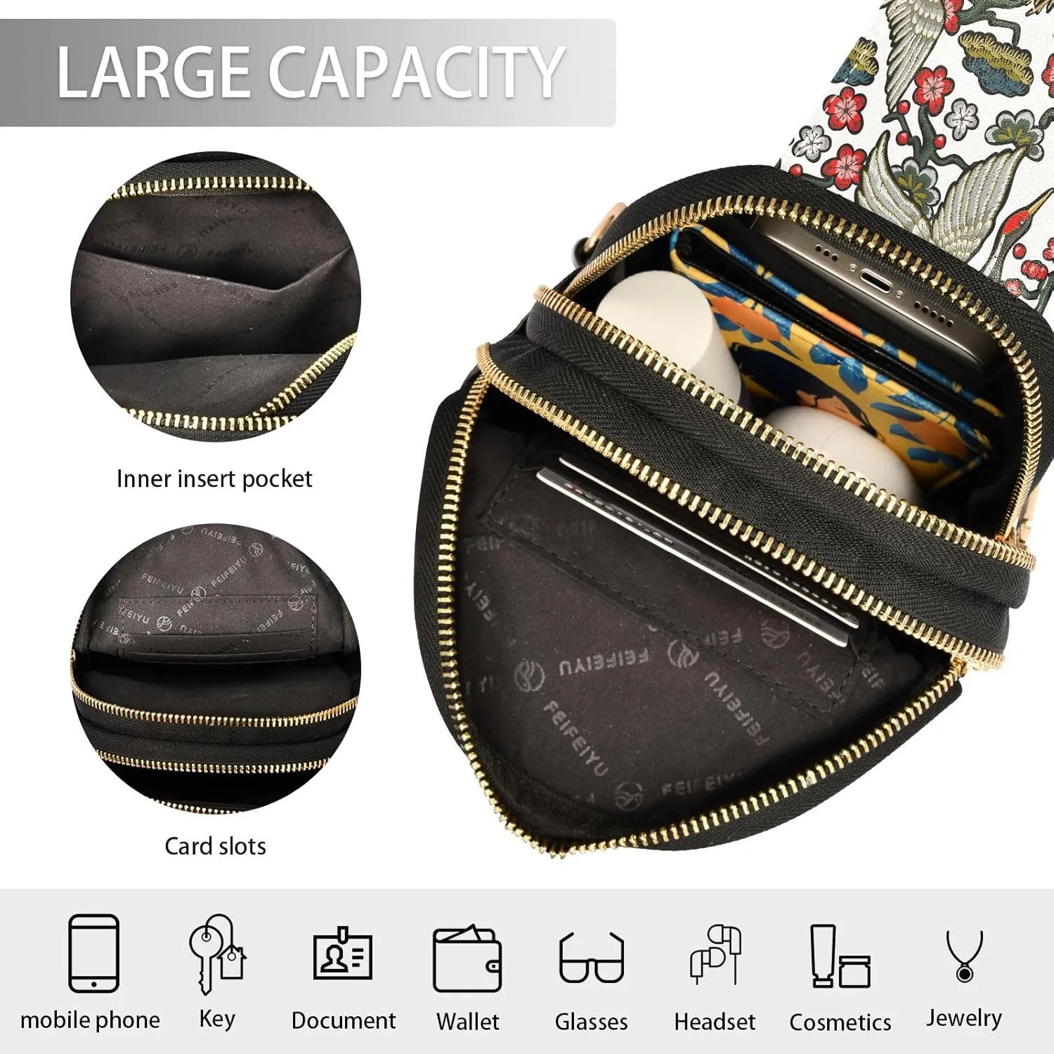 Small Sling Bag for Women Crossbody Japanese Cranes Red Flowers Fashion Leather Crossbody Bag for Women Embroidery Trendy Crossbody Purse Fanny Pack with Adjustable Guitar Strap Outfit