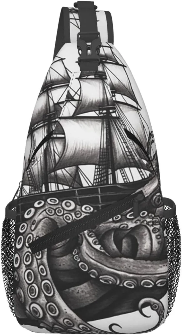 Small Sling Bag for Women Men Black and White Octopus and Ship Crossbody Bag Casual Hiking Chest Bags Fashion Fanny Pack