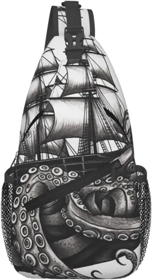 Small Sling Bag for Women Men Black and White Octopus and Ship Crossbody Bag Casual Hiking Chest Bags Fashion Fanny Pack