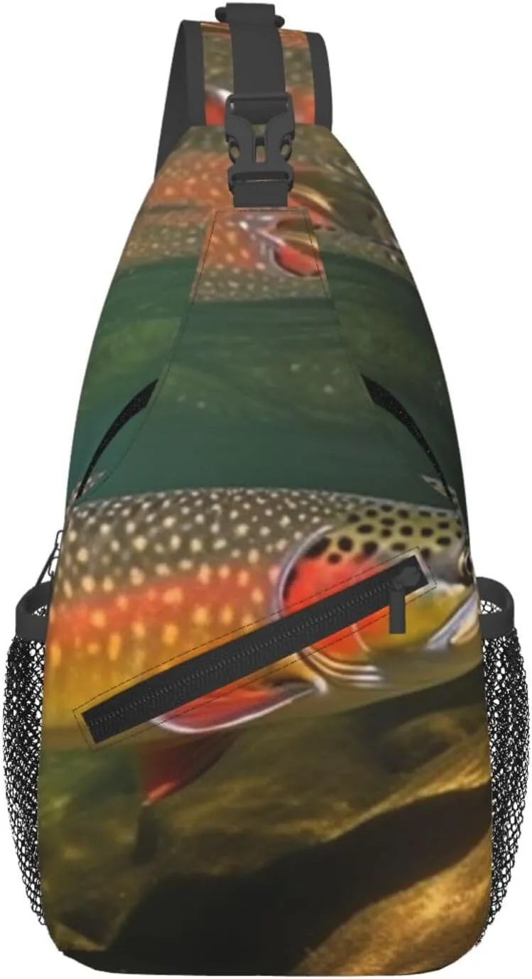 Small Sling Bag for Women Men Brook Trout Fly Fishing Crossbody Bag Casual Hiking Chest Bags Fashion Fanny Pack