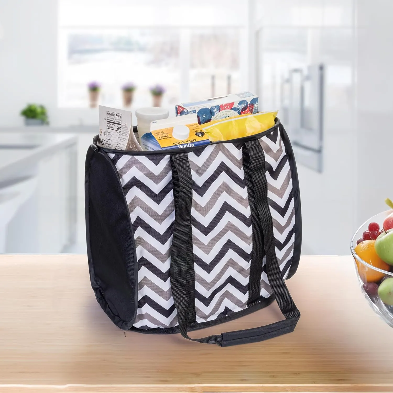Smart Design Pop-Up Shopping Bag - Reusable - Large - Heavy Duty Polyester - Folds Flat - Supermarket, Trunk Storage - Home Organization (15 x 10 Inch) [Chevron w/Black Trim]