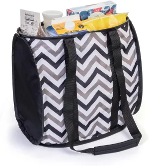 Smart Design Pop-Up Shopping Bag - Reusable - Large - Heavy Duty Polyester - Folds Flat - Supermarket, Trunk Storage - Home Organization (15 x 10 Inch) [Chevron w/Black Trim]