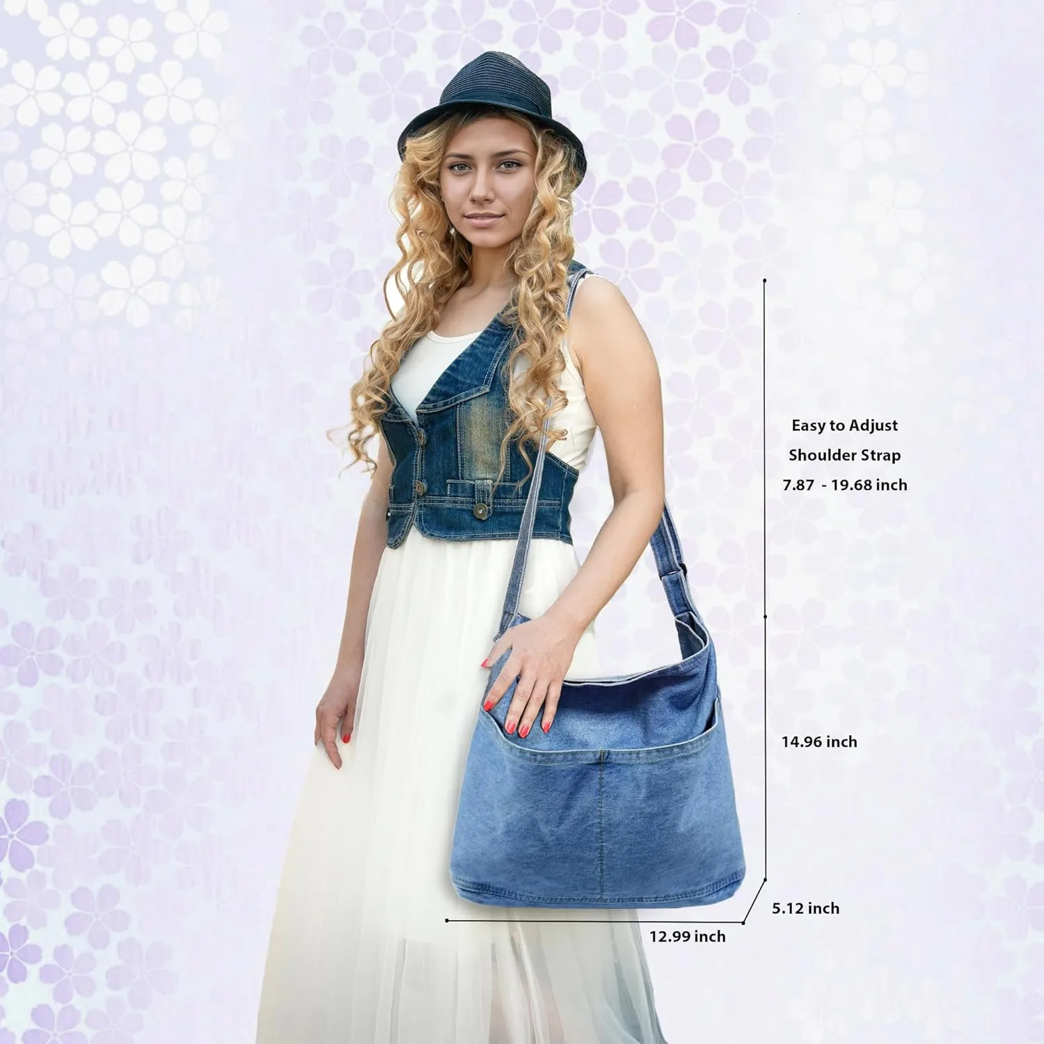 SoonerCozer Women's Stylish Large Denim Crossbody Messenger Bag for School Spacious Jean Shoulder Purse Tote Hobo Bag