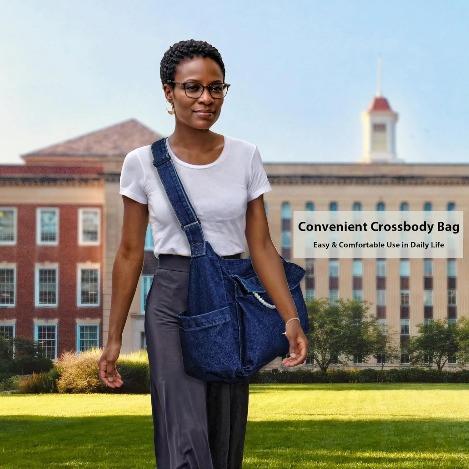 SoonerCozer Women's Stylish Large Denim Crossbody Messenger Bag for School Spacious Jean Shoulder Purse Tote Hobo Bag