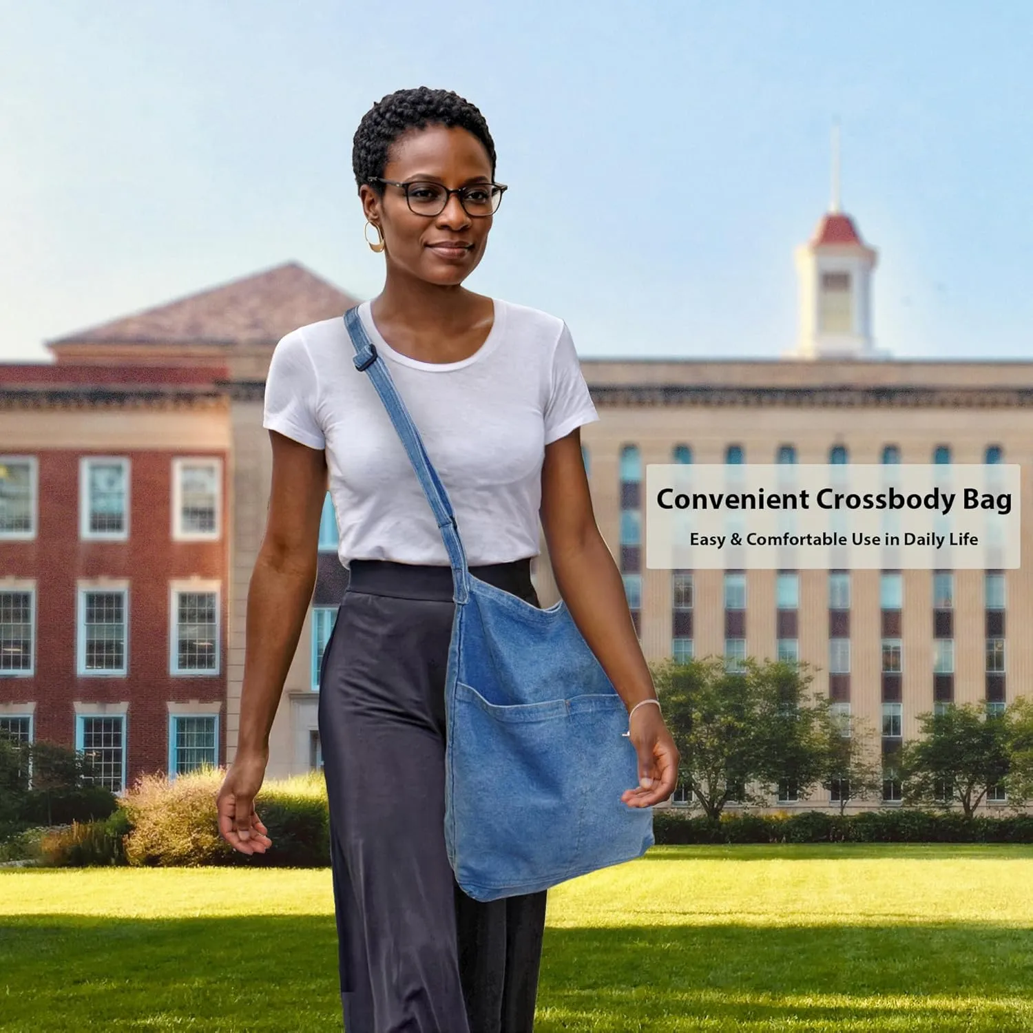 SoonerCozer Women's Stylish Large Denim Crossbody Messenger Bag for School Spacious Jean Shoulder Purse Tote Hobo Bag