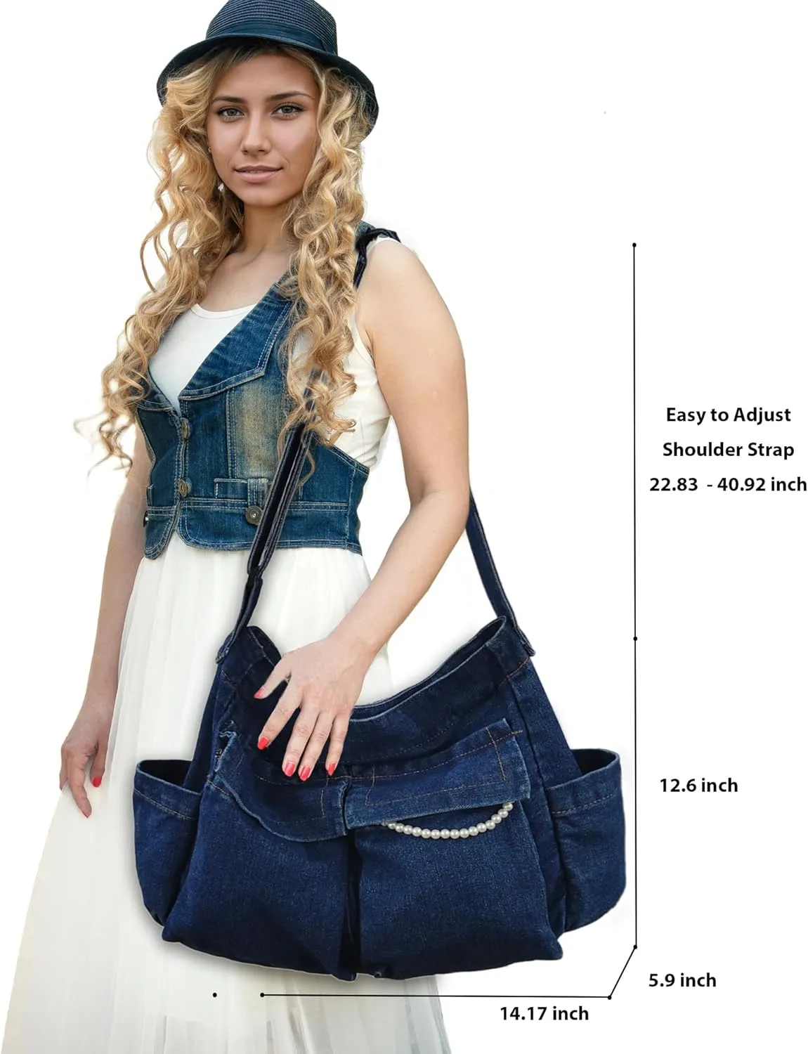 SoonerCozer Women's Stylish Large Denim Crossbody Messenger Bag for School Spacious Jean Shoulder Purse Tote Hobo Bag