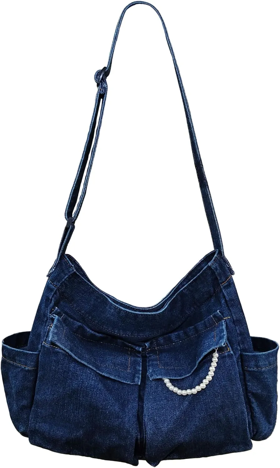 SoonerCozer Women's Stylish Large Denim Crossbody Messenger Bag for School Spacious Jean Shoulder Purse Tote Hobo Bag