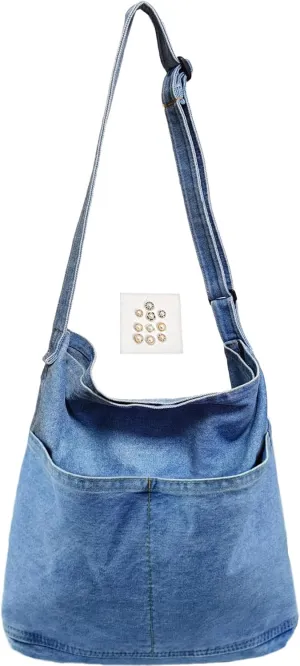 SoonerCozer Women's Stylish Large Denim Crossbody Messenger Bag for School Spacious Jean Shoulder Purse Tote Hobo Bag