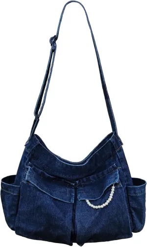 SoonerCozer Women's Stylish Large Denim Crossbody Messenger Bag for School Spacious Jean Shoulder Purse Tote Hobo Bag