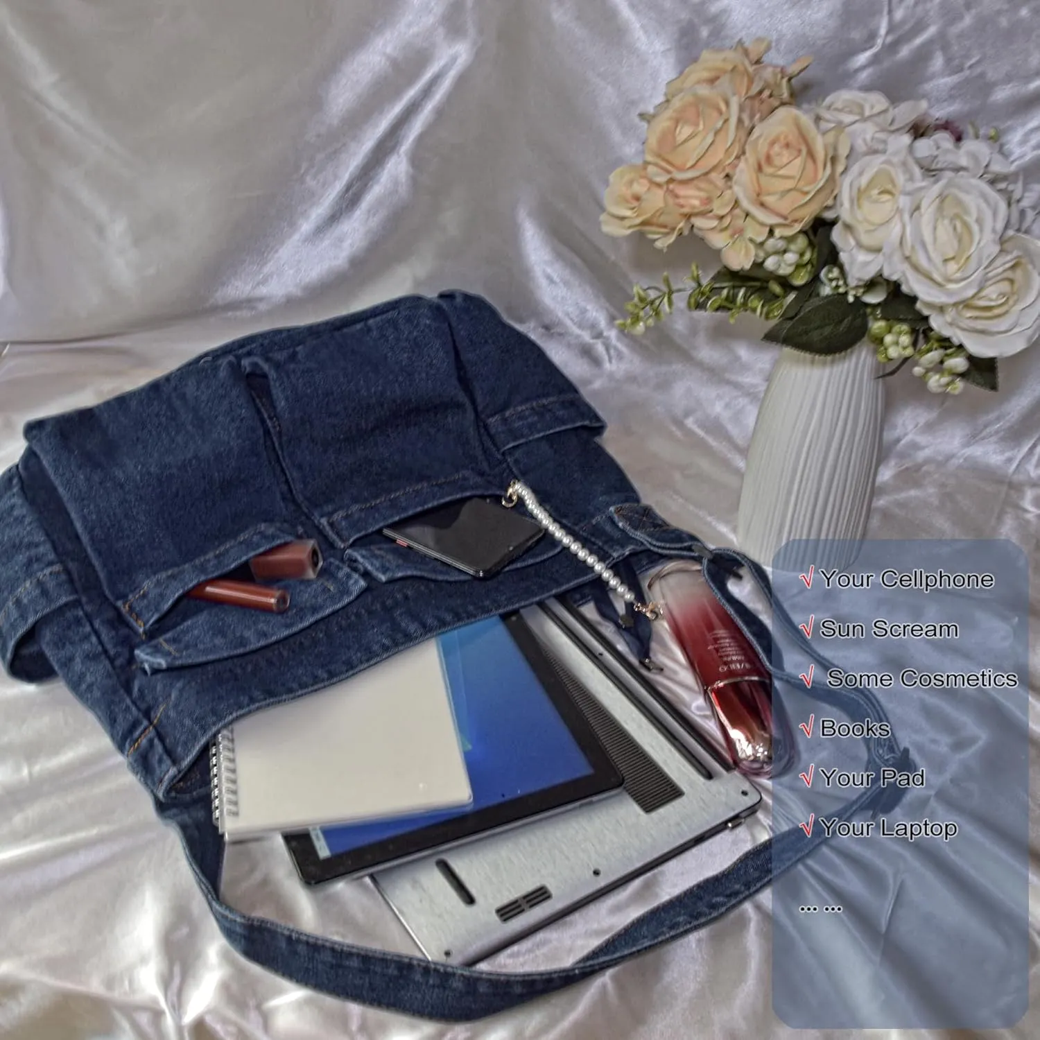 SoonerCozer Women's Stylish Large Denim Crossbody Messenger Bag for School Spacious Jean Shoulder Purse Tote Hobo Bag