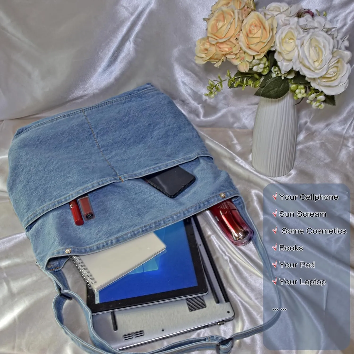 SoonerCozer Women's Stylish Large Denim Crossbody Messenger Bag for School Spacious Jean Shoulder Purse Tote Hobo Bag