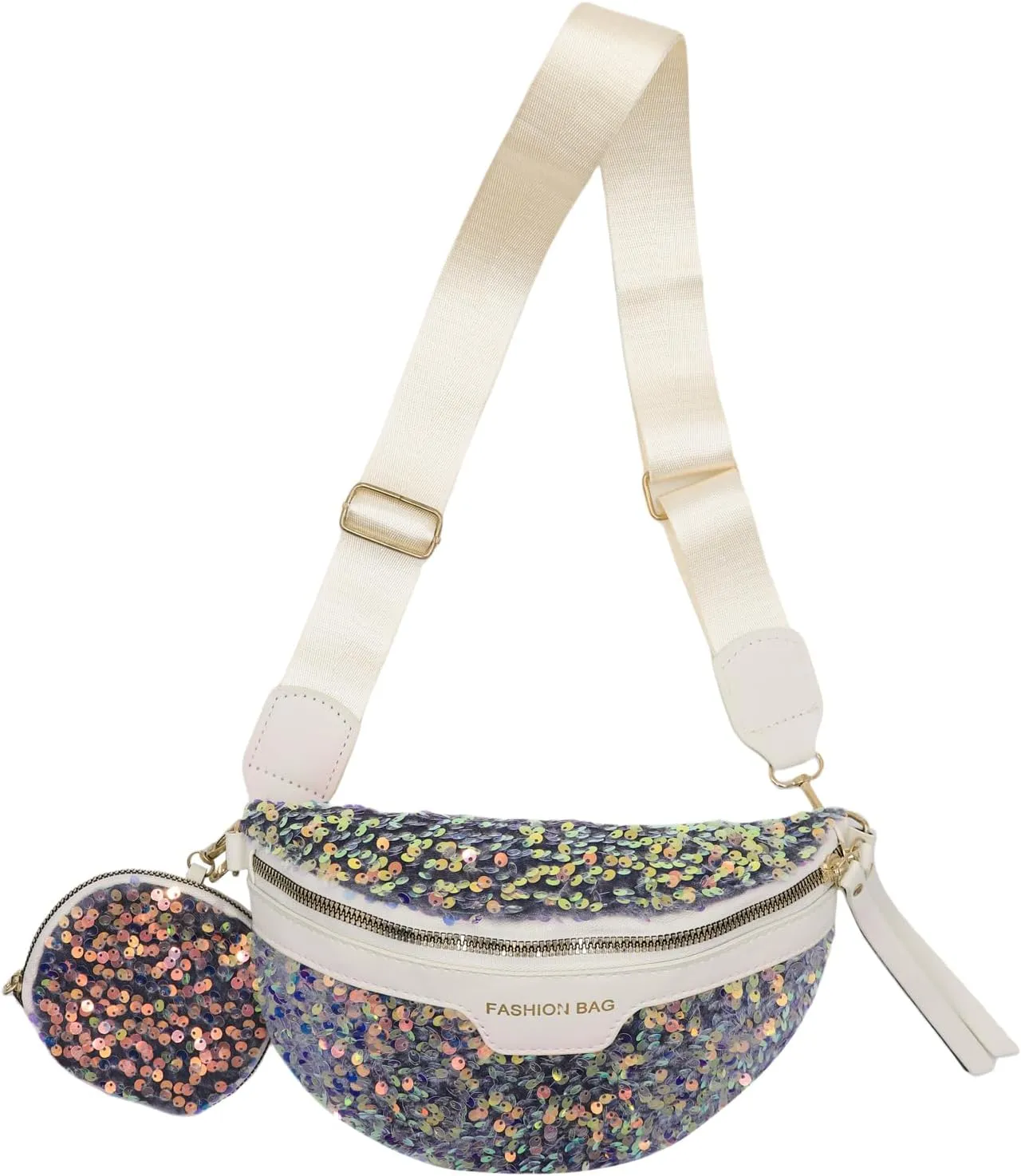 Sparkly Sequin Fanny Packs Glitter Waist Bag Adjustable Chest Belt Bags with Coin Purse for Women Girls,White C#
