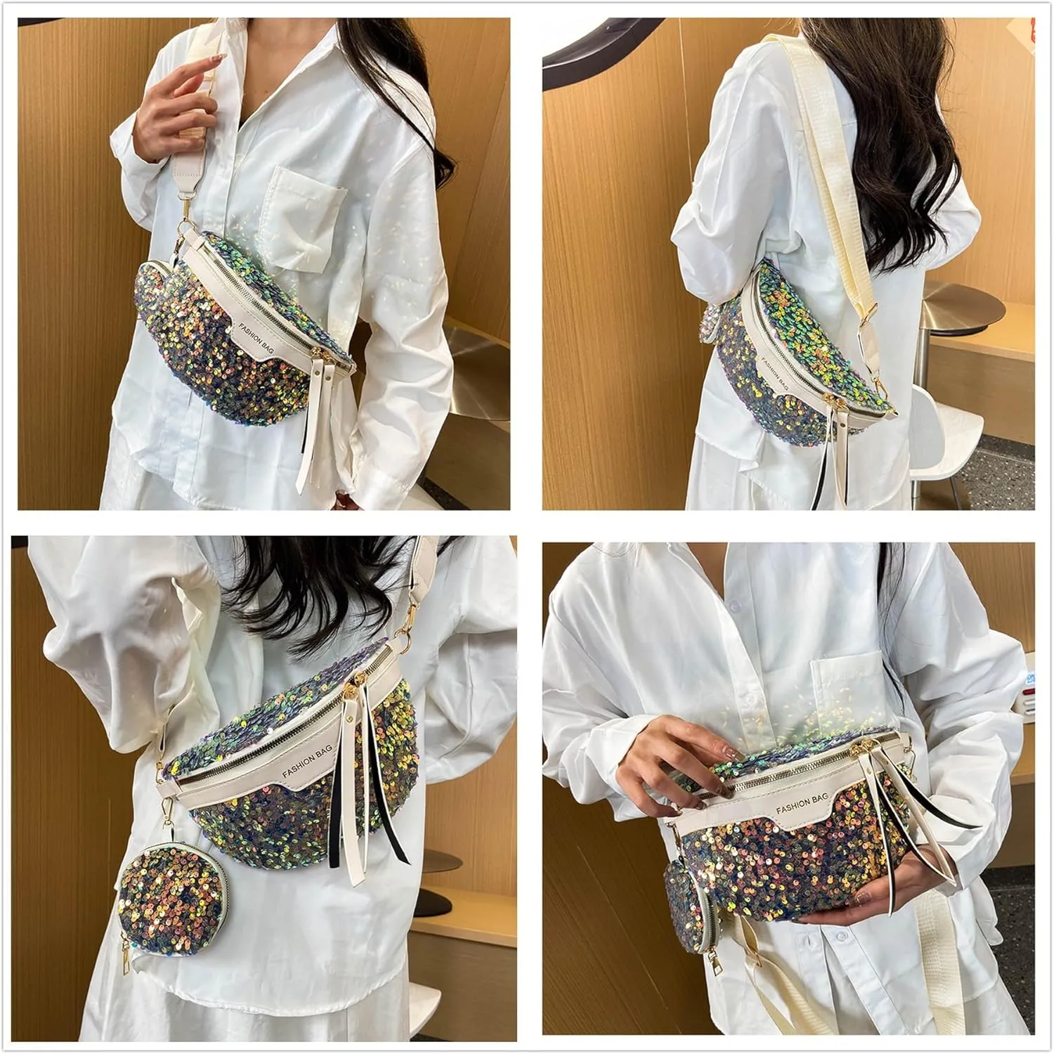 Sparkly Sequin Fanny Packs Glitter Waist Bag Adjustable Chest Belt Bags with Coin Purse for Women Girls,White C#